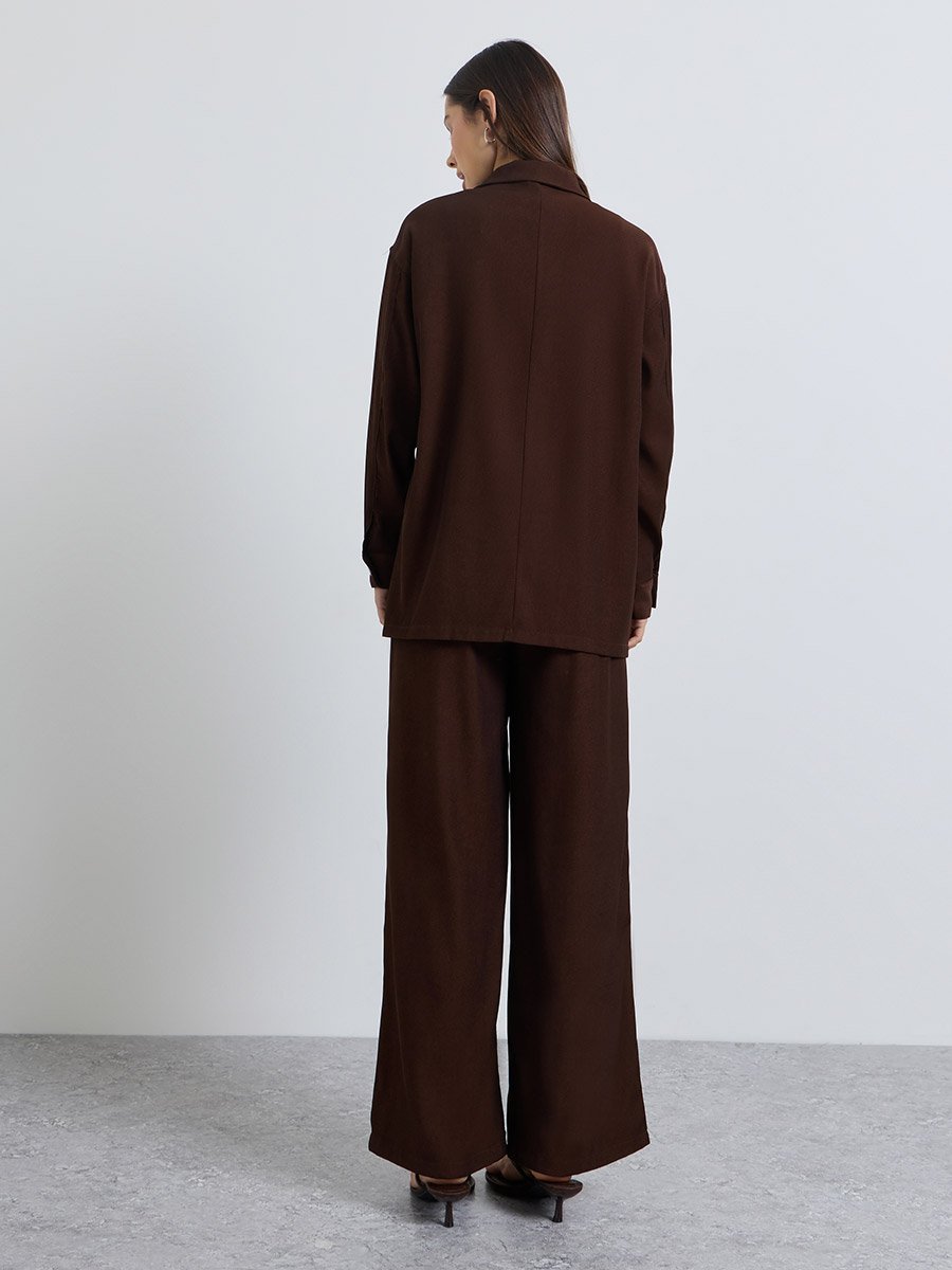 Coffee Brown Oversized Longline Shacket and Trousers Set