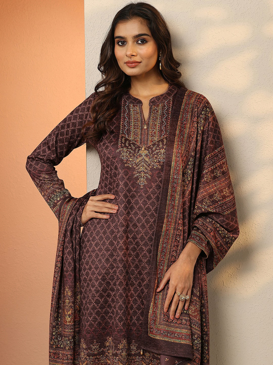 Burgundy Printed Wool Straight Kurta with Trousers and Dupatta