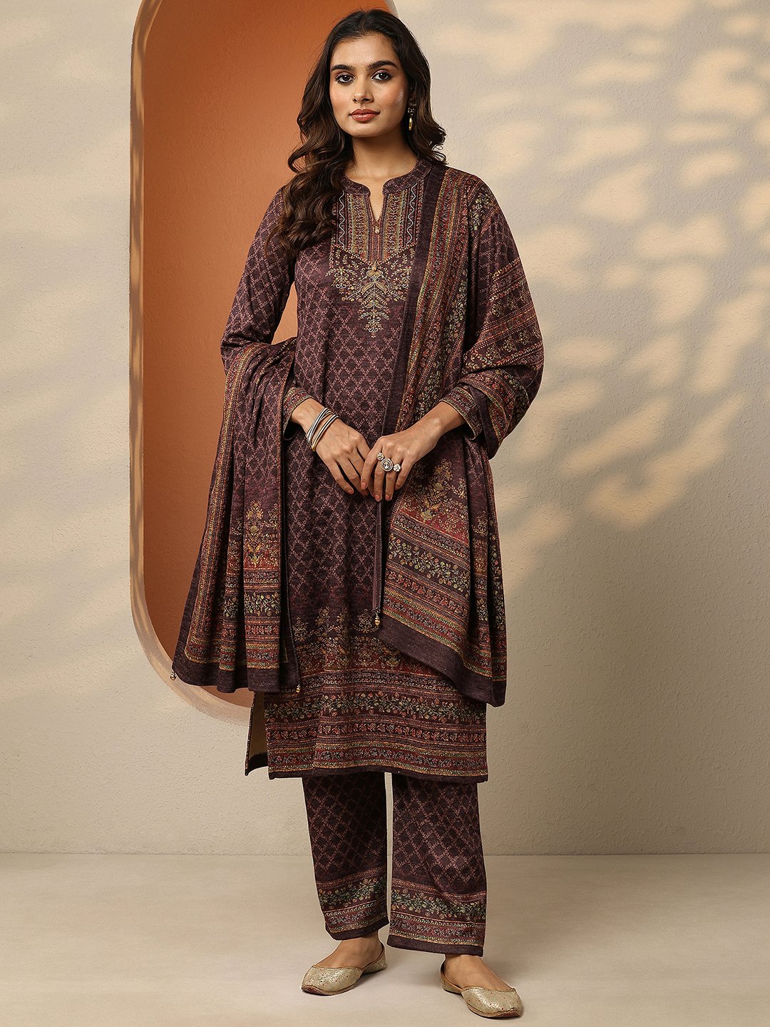 Burgundy Printed Wool Straight Kurta with Trousers and Dupatta