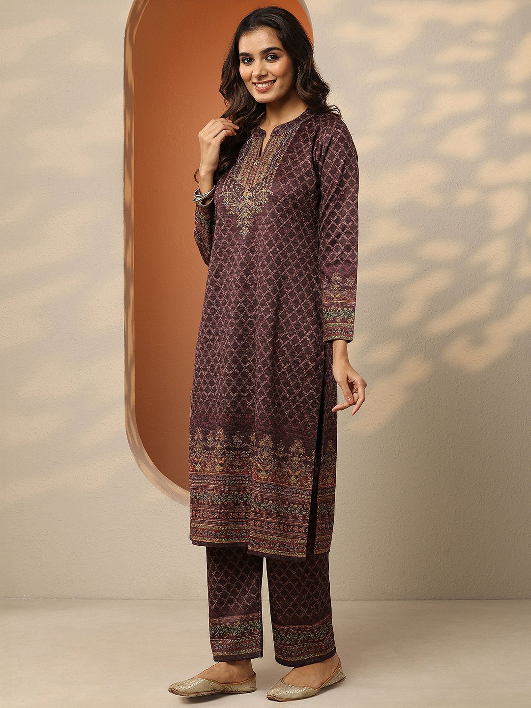 Burgundy Printed Wool Straight Kurta with Trousers and Dupatta