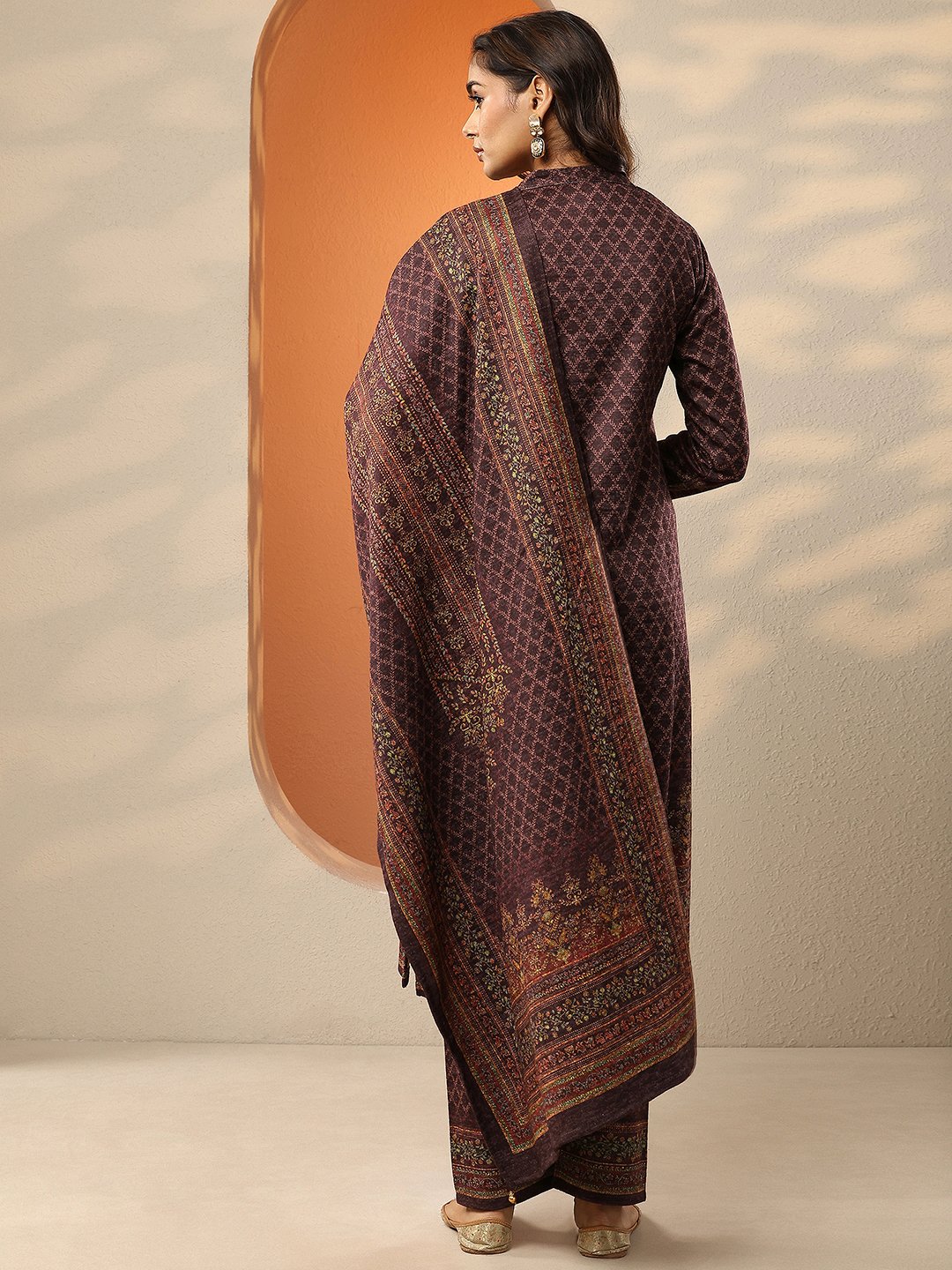 Burgundy Printed Wool Straight Kurta with Trousers and Dupatta