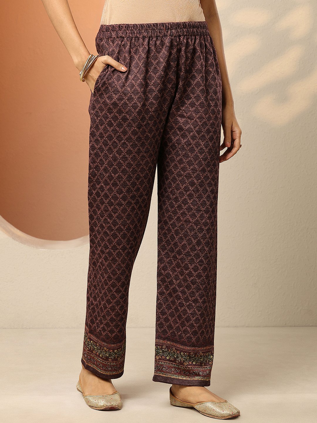 Burgundy Printed Wool Straight Kurta with Trousers and Dupatta