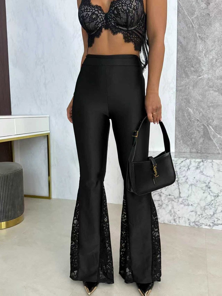 Black Flared Trousers with Lace Inserts