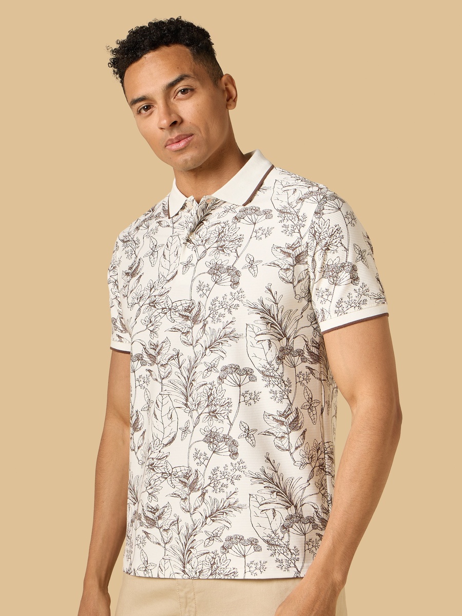 Botanical Print Polo T-Shirt with Tipping Detail