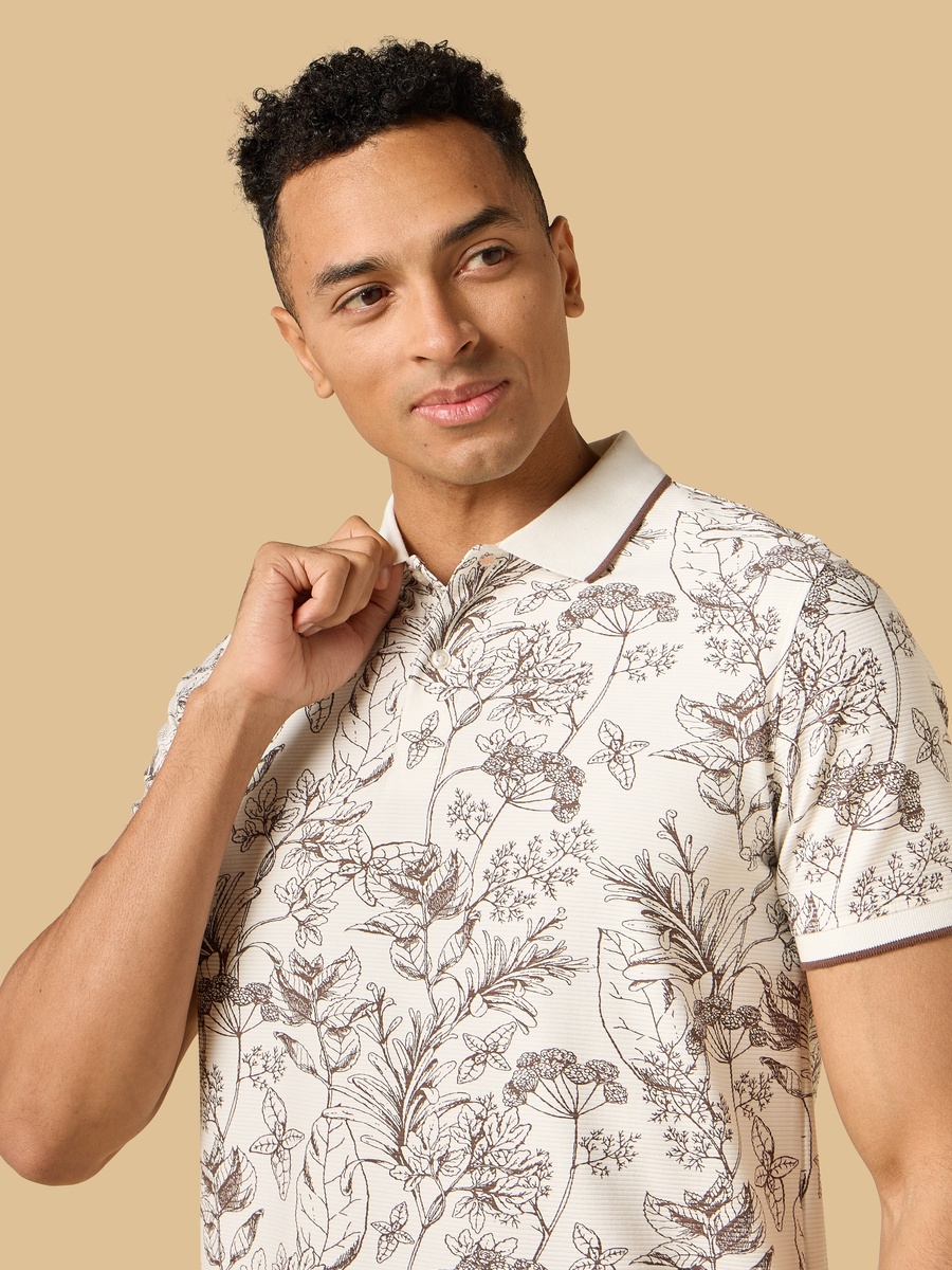 Botanical Print Polo T-Shirt with Tipping Detail
