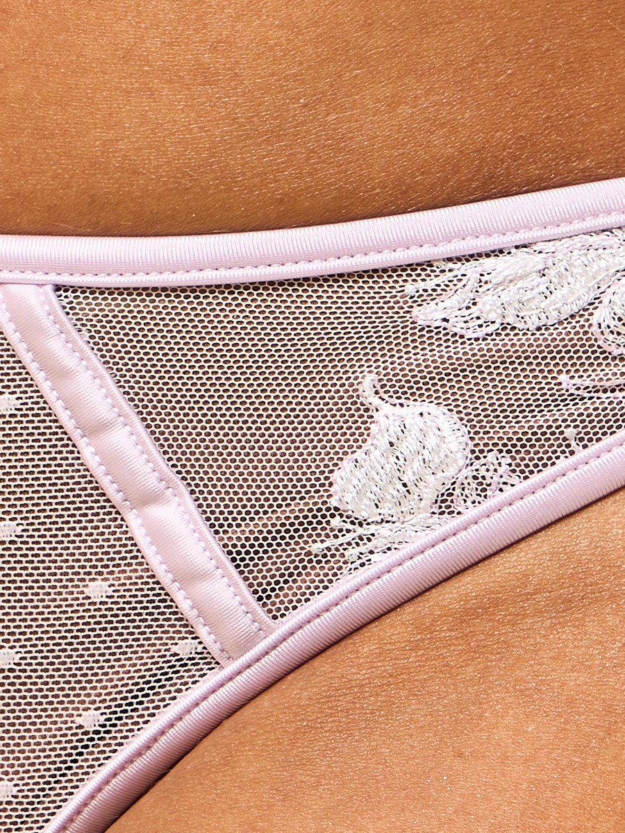 Floral Embroidered Mesh Thong