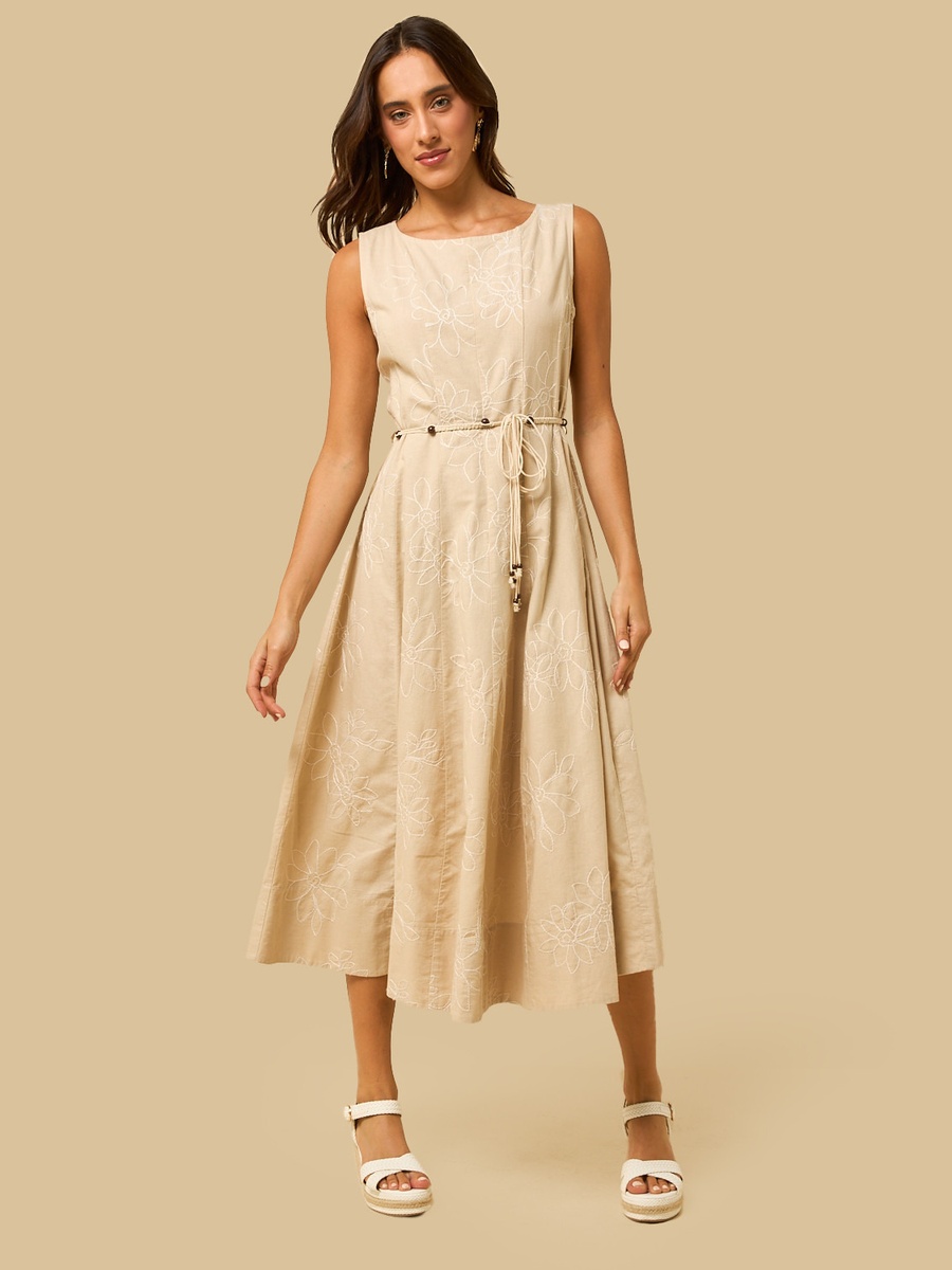 Panel Embroidered Sleeveless Dress with Waist Tie-Up
