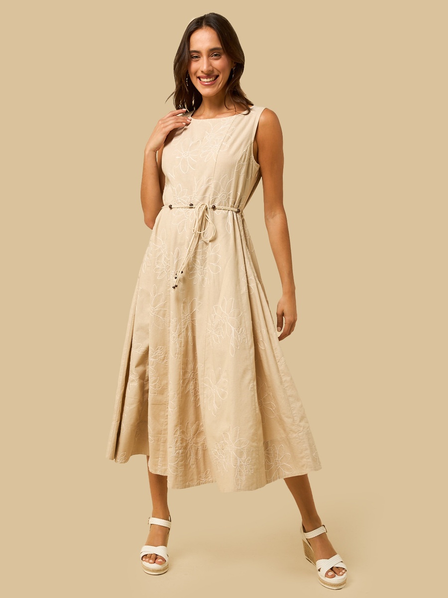 Panel Embroidered Sleeveless Dress with Waist Tie-Up