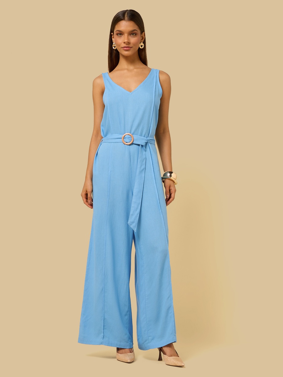 Belted V Neck Sleeveless Jumpsuit