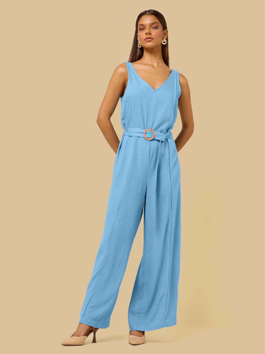 Belted V Neck Sleeveless Jumpsuit
