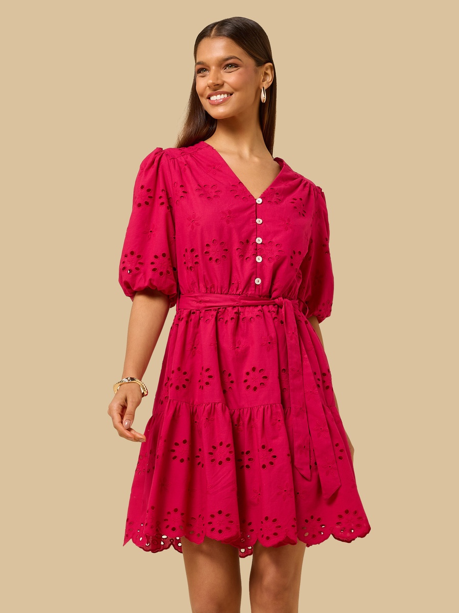 Schiffli Textured V Neck Tiered Dress
