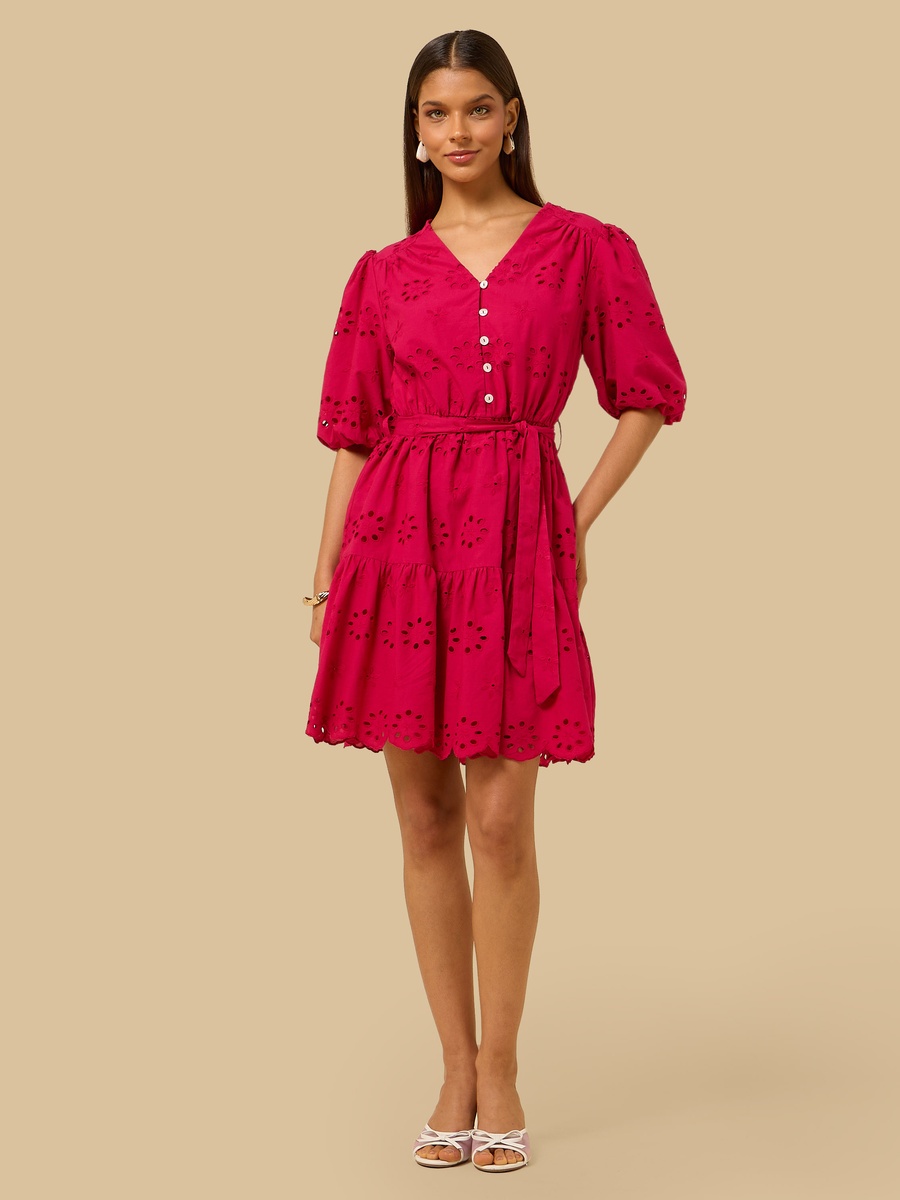 Schiffli Textured V Neck Tiered Dress