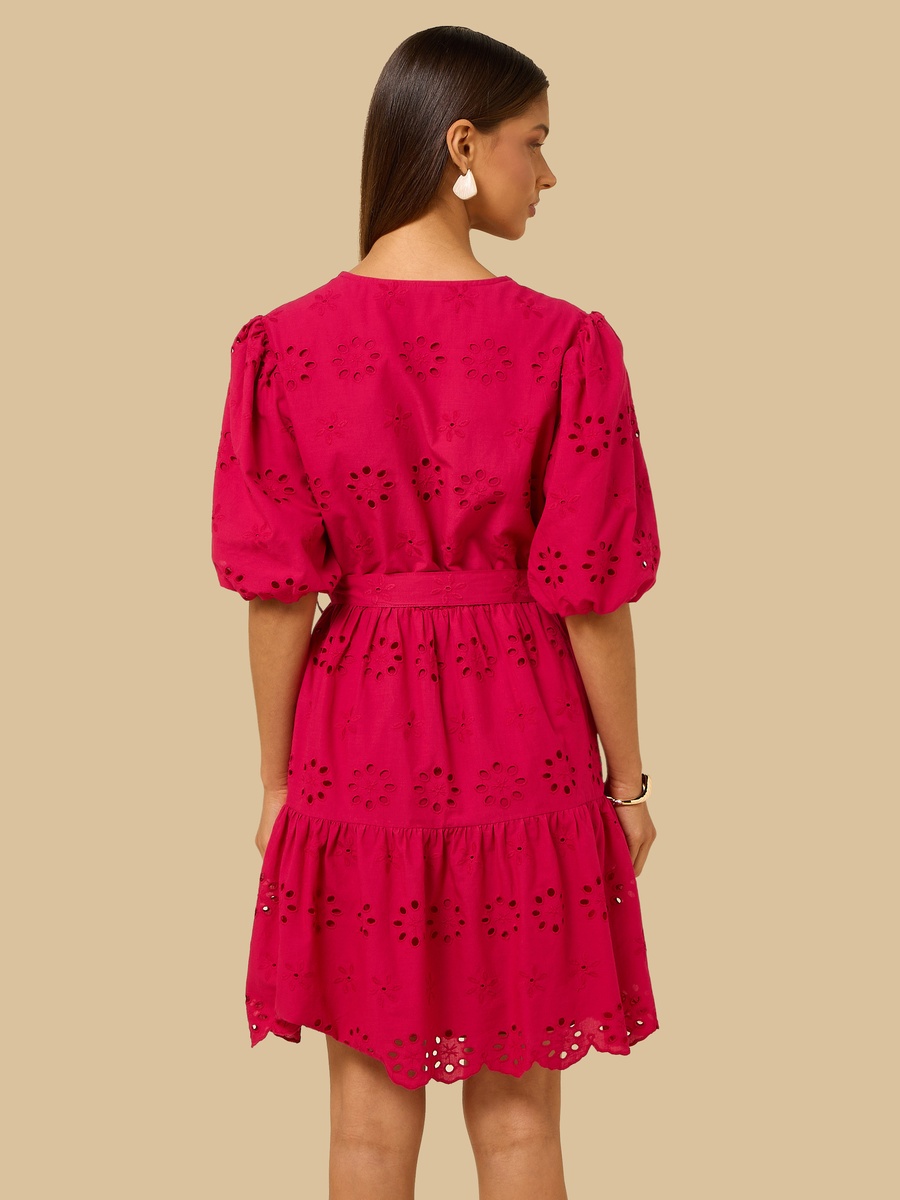 Schiffli Textured V Neck Tiered Dress