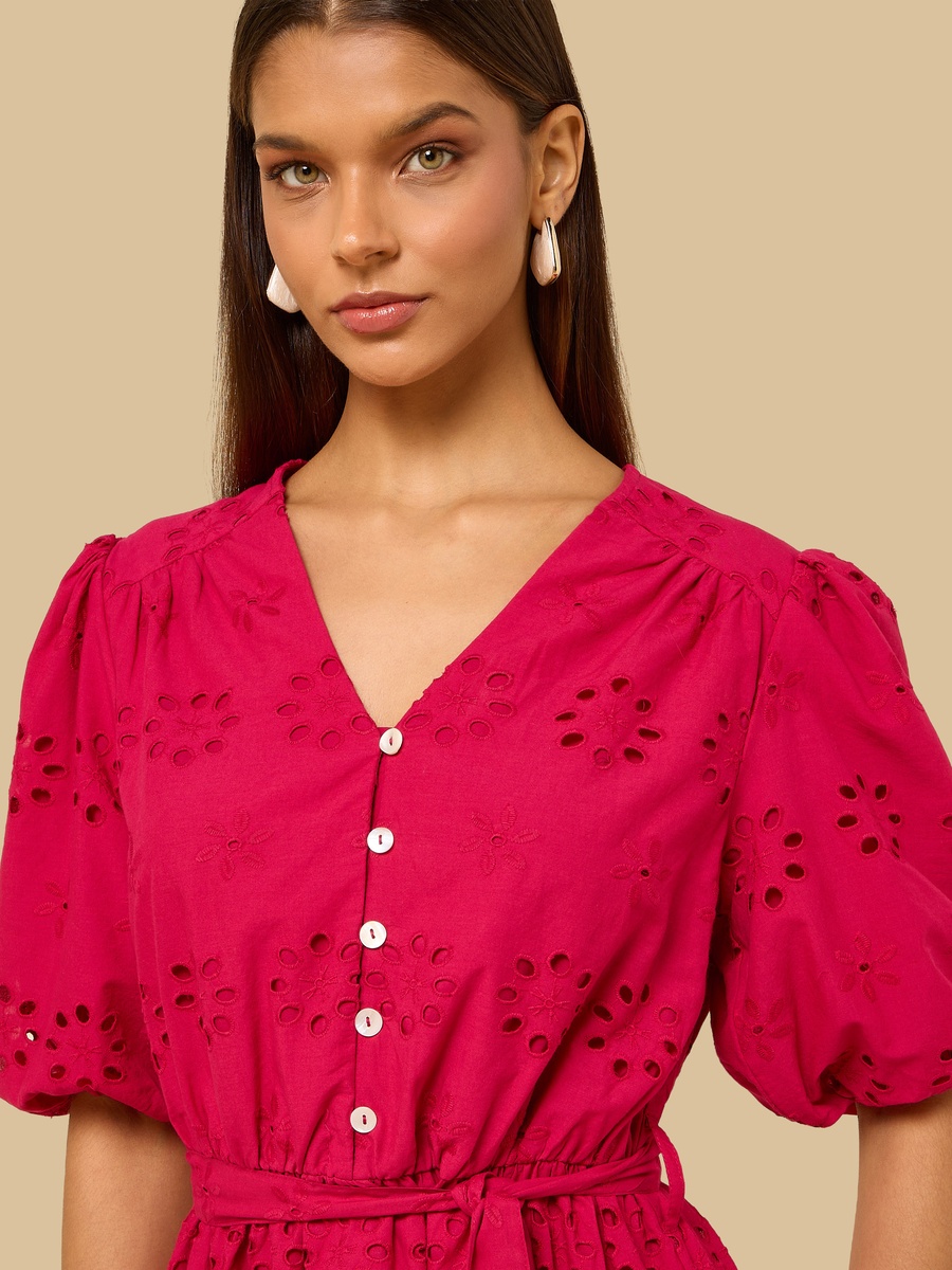 Schiffli Textured V Neck Tiered Dress