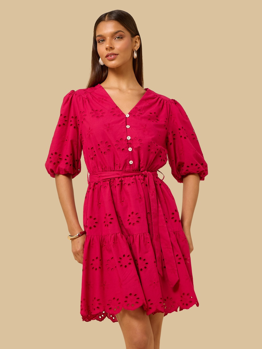 Schiffli Textured V Neck Tiered Dress