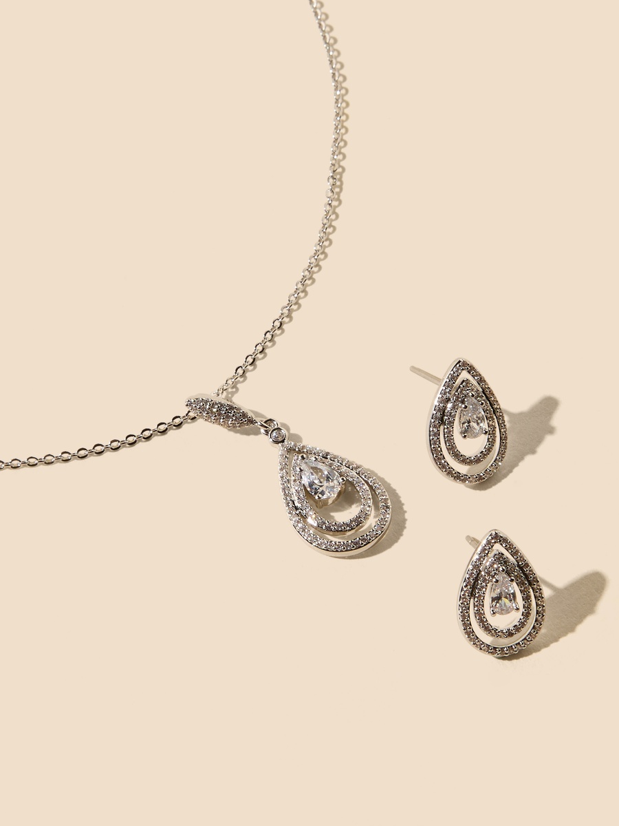 Embellished Teardrop Pendant Necklace and Earrings Set