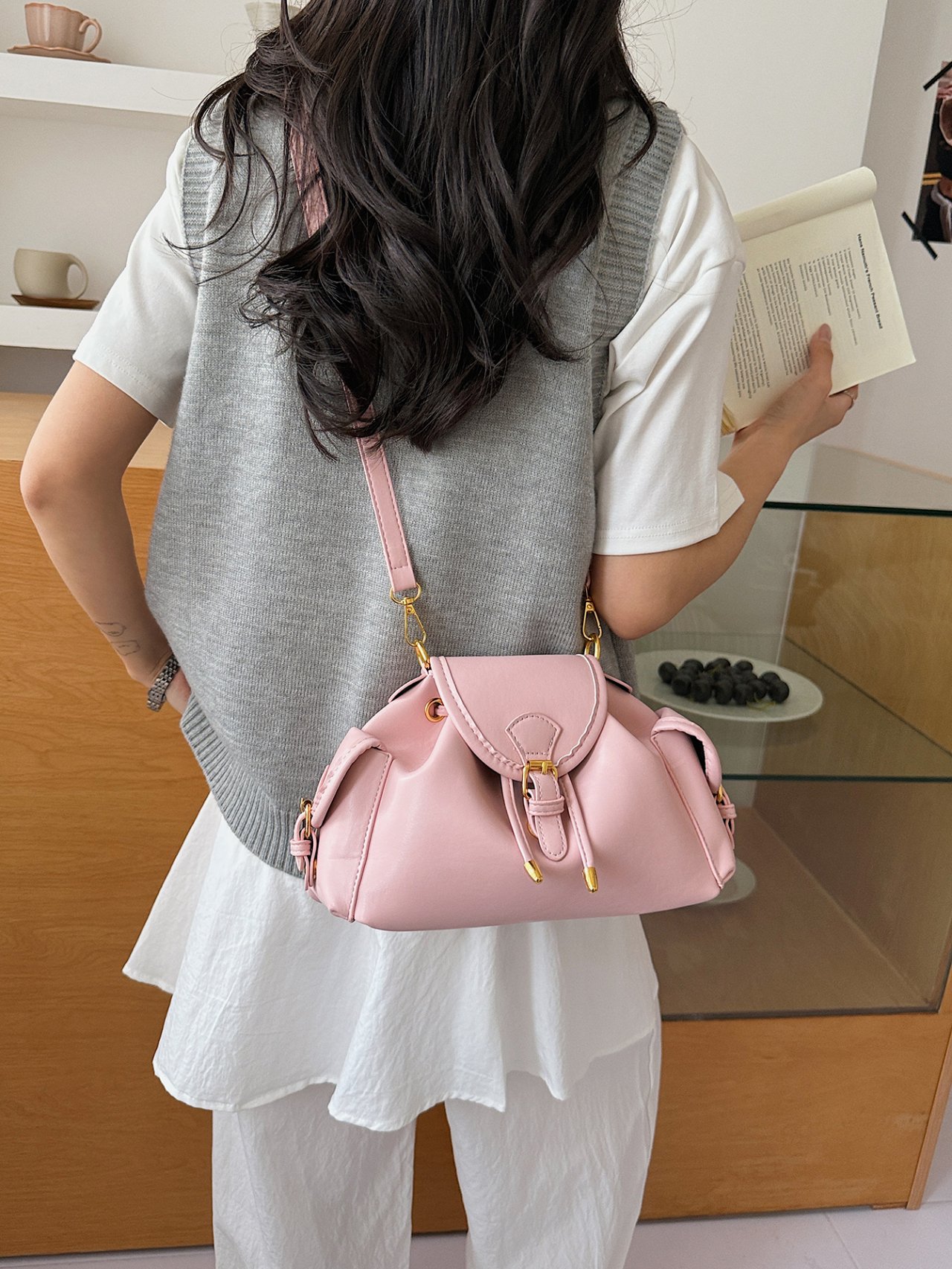 Buckle Flap Crossbody Bag with Drawstring