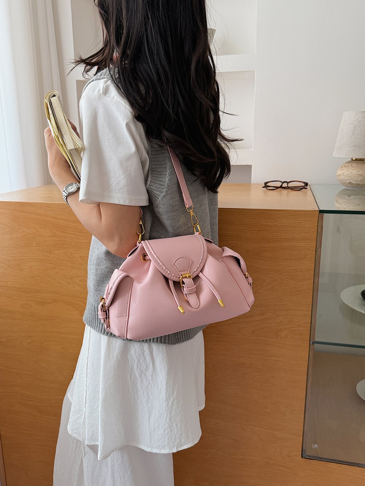 Buckle Flap Crossbody Bag with Drawstring