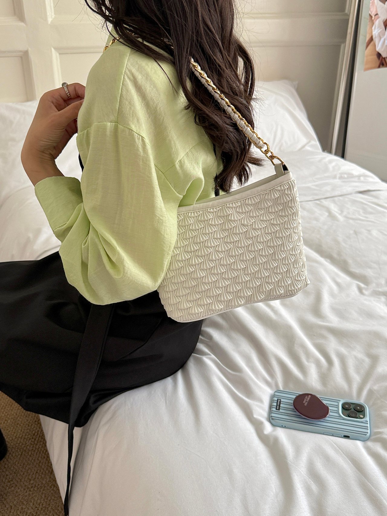 Textured Crossbody Bag with Chain-Link Strap