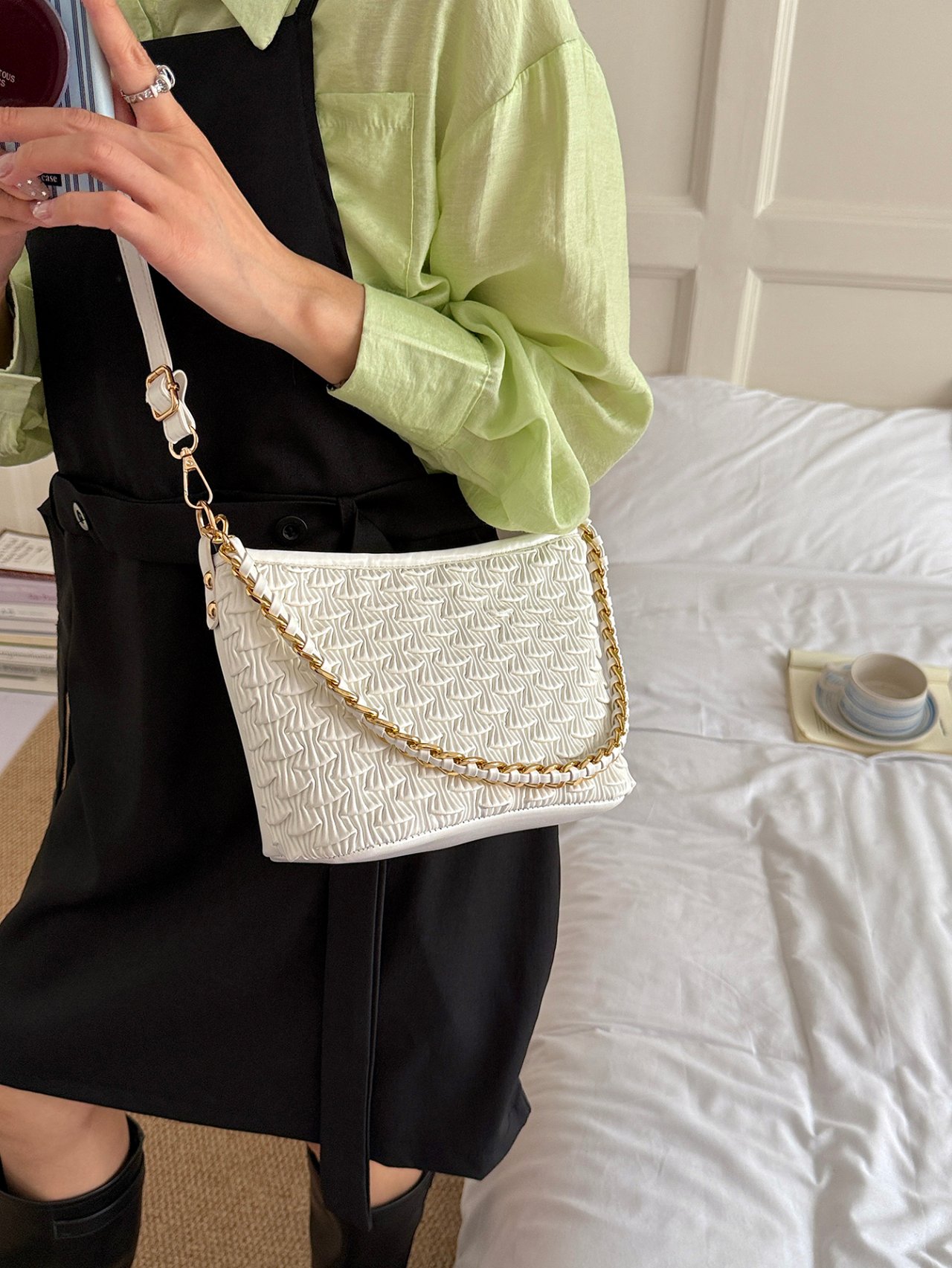 Textured Crossbody Bag with Chain-Link Strap