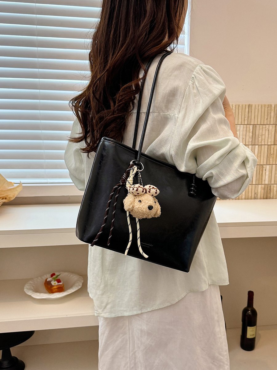 Solid Shoulder Bag with Plush Charm