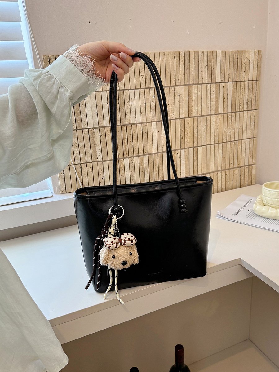 Solid Shoulder Bag with Plush Charm