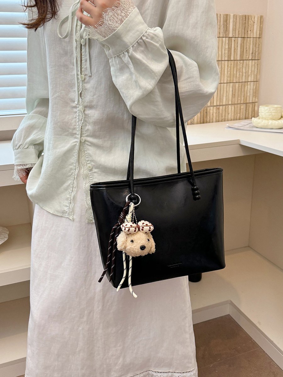 Solid Shoulder Bag with Plush Charm