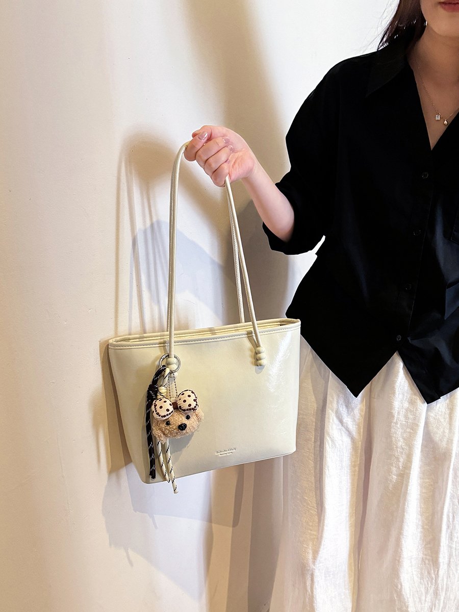 Solid Shoulder Bag with Plush Charm