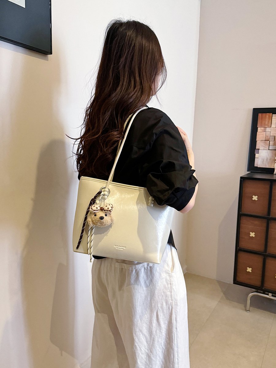 Solid Shoulder Bag with Plush Charm