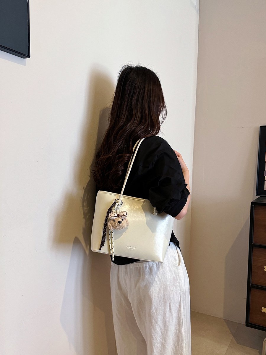 Solid Shoulder Bag with Plush Charm