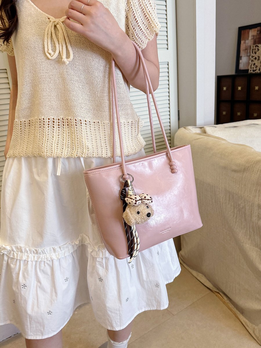 Solid Shoulder Bag with Plush Charm
