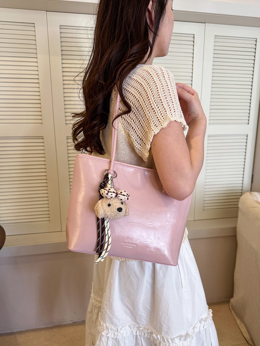 Solid Shoulder Bag with Plush Charm