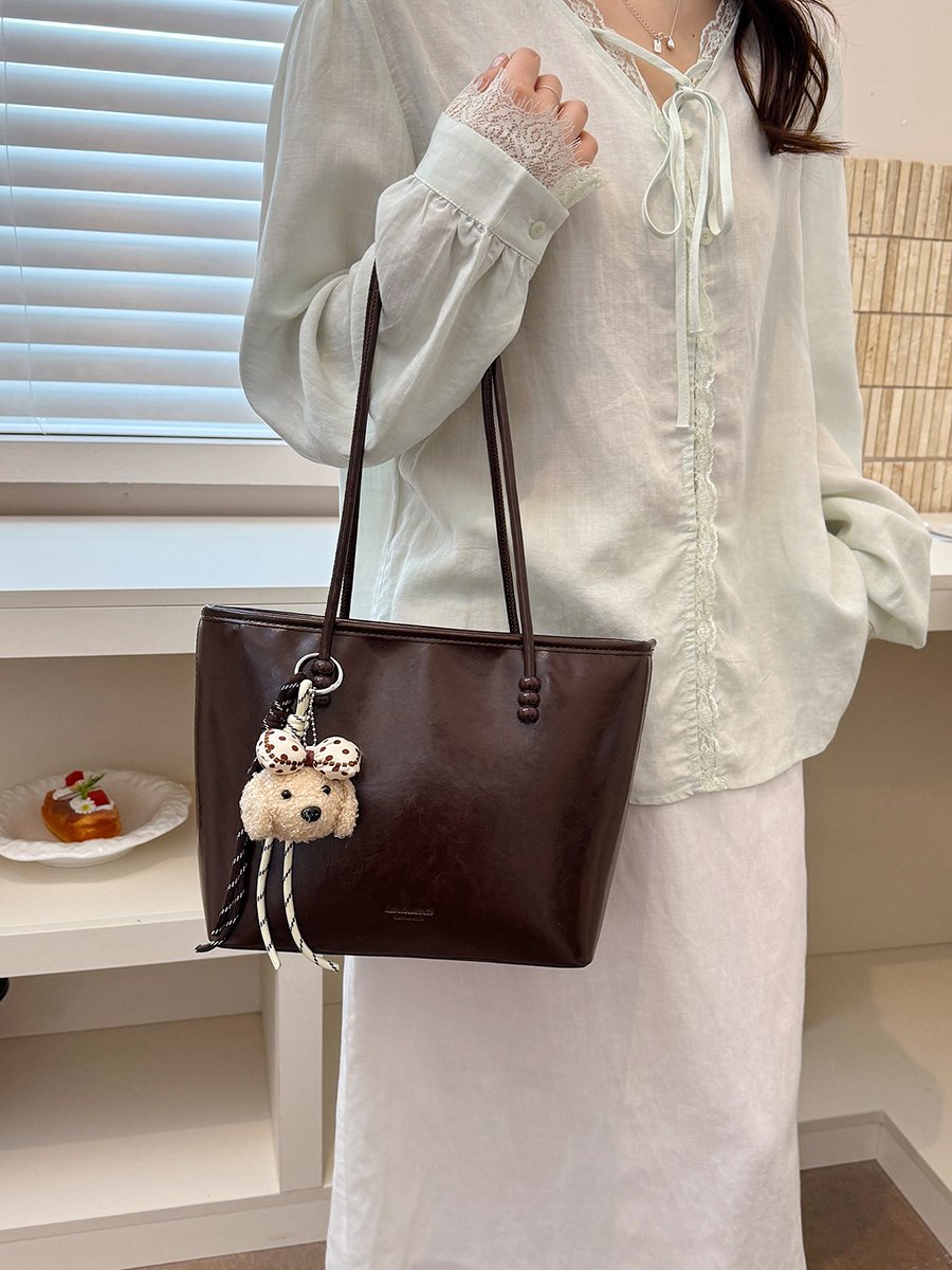 Solid Shoulder Bag with Plush Charm