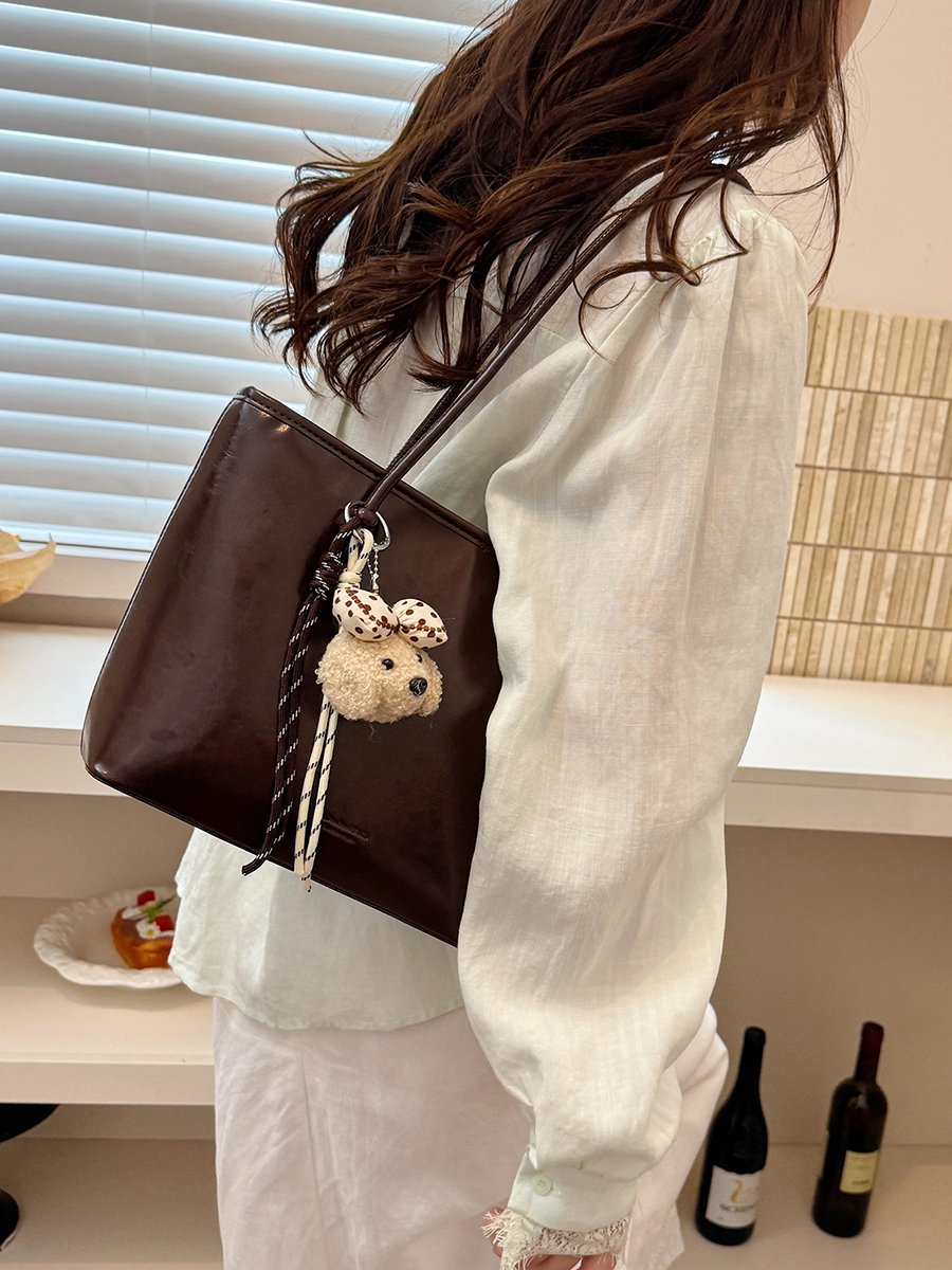Solid Shoulder Bag with Plush Charm