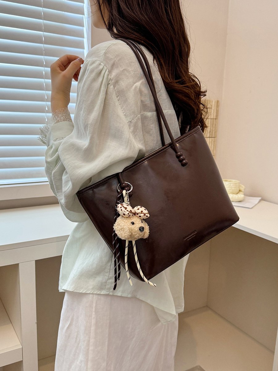 Solid Shoulder Bag with Plush Charm