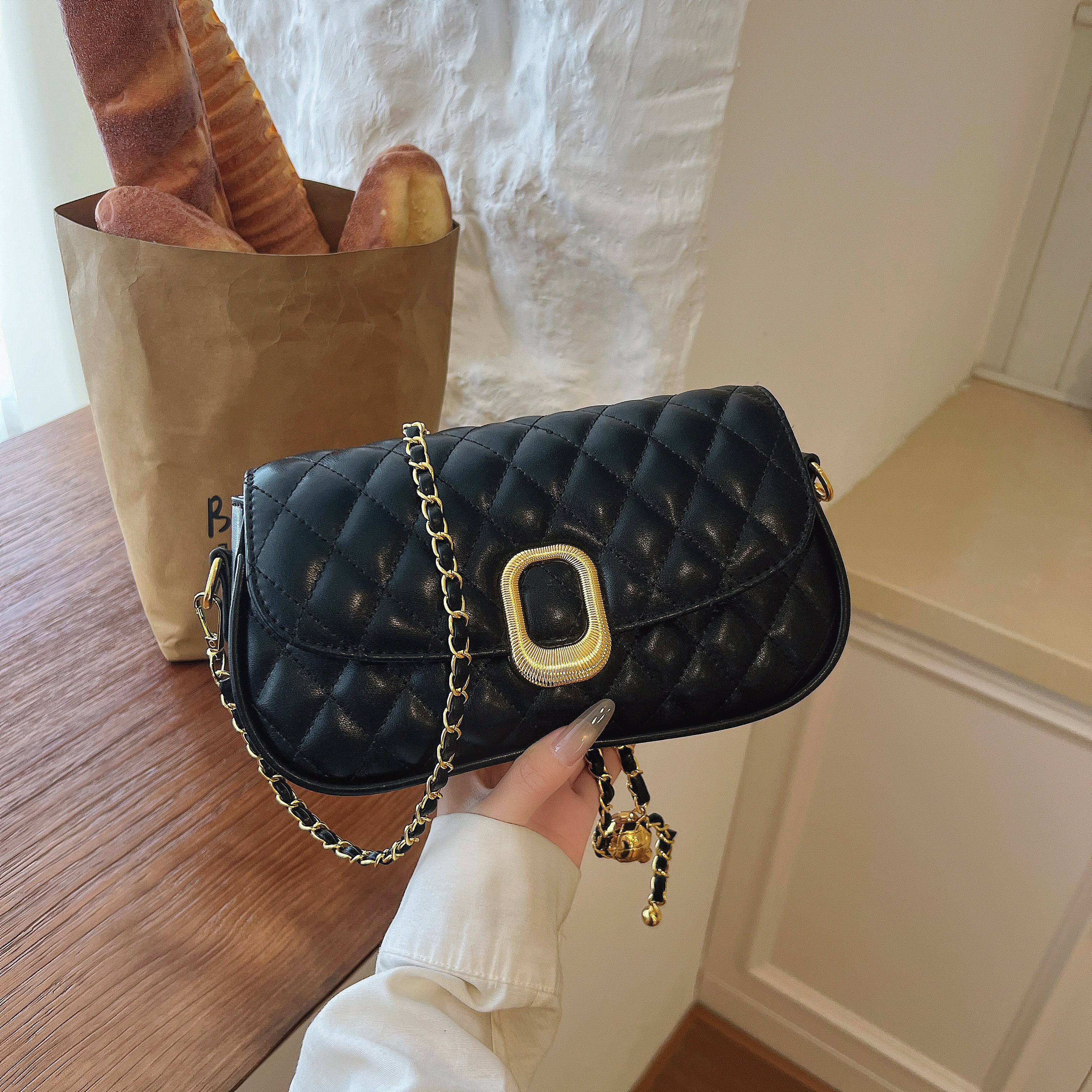 Quilted Flap Crossbody Bag with Chain-Link Strap