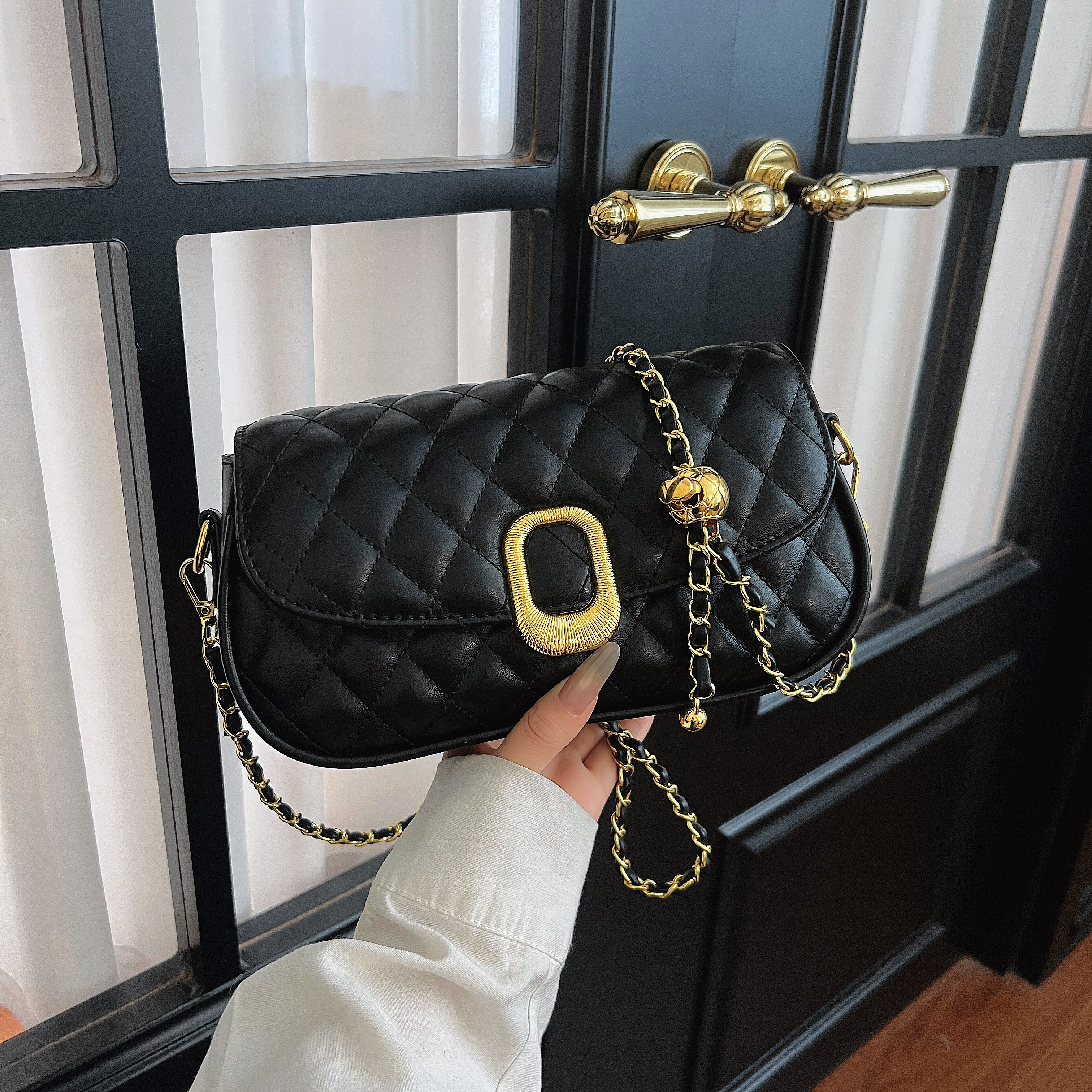 Quilted Flap Crossbody Bag with Chain-Link Strap