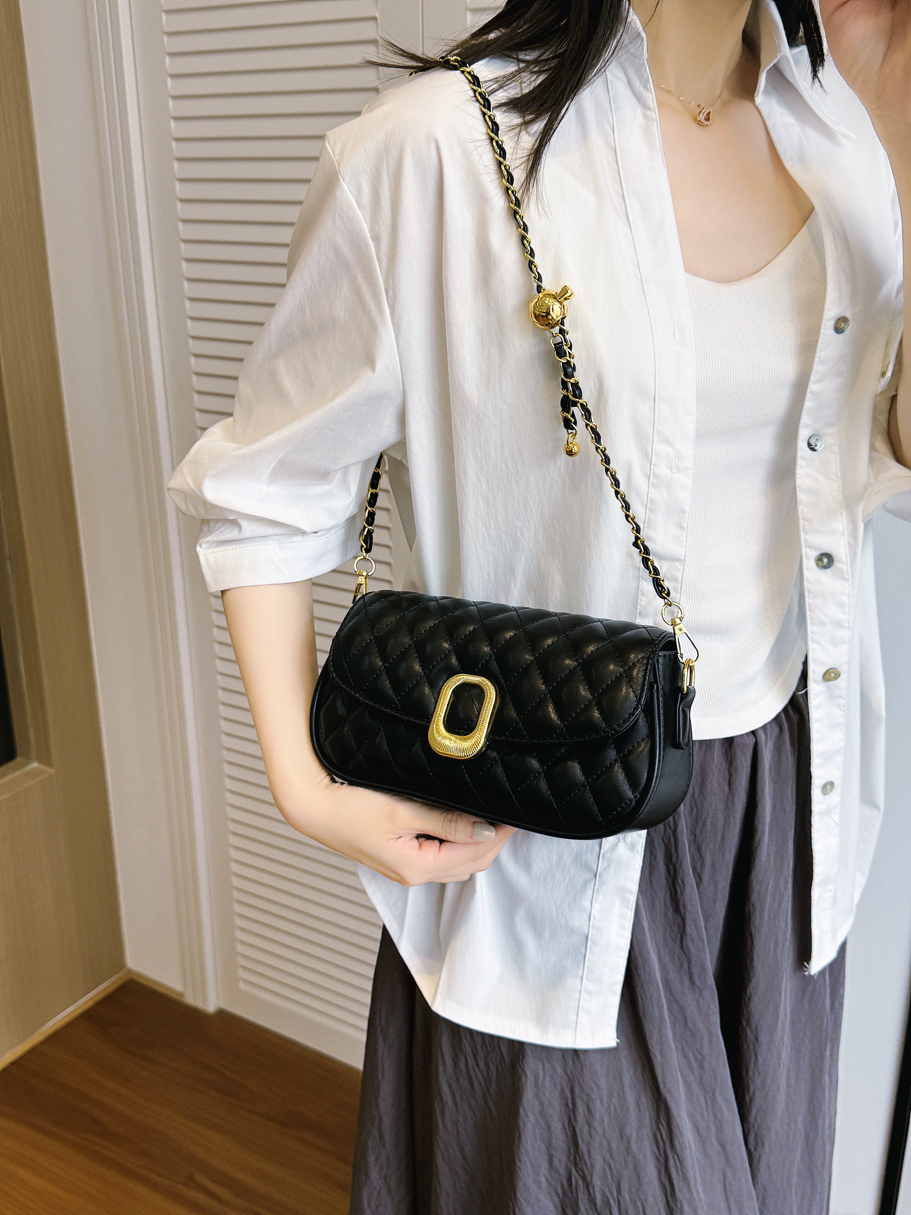 Quilted Flap Crossbody Bag with Chain-Link Strap