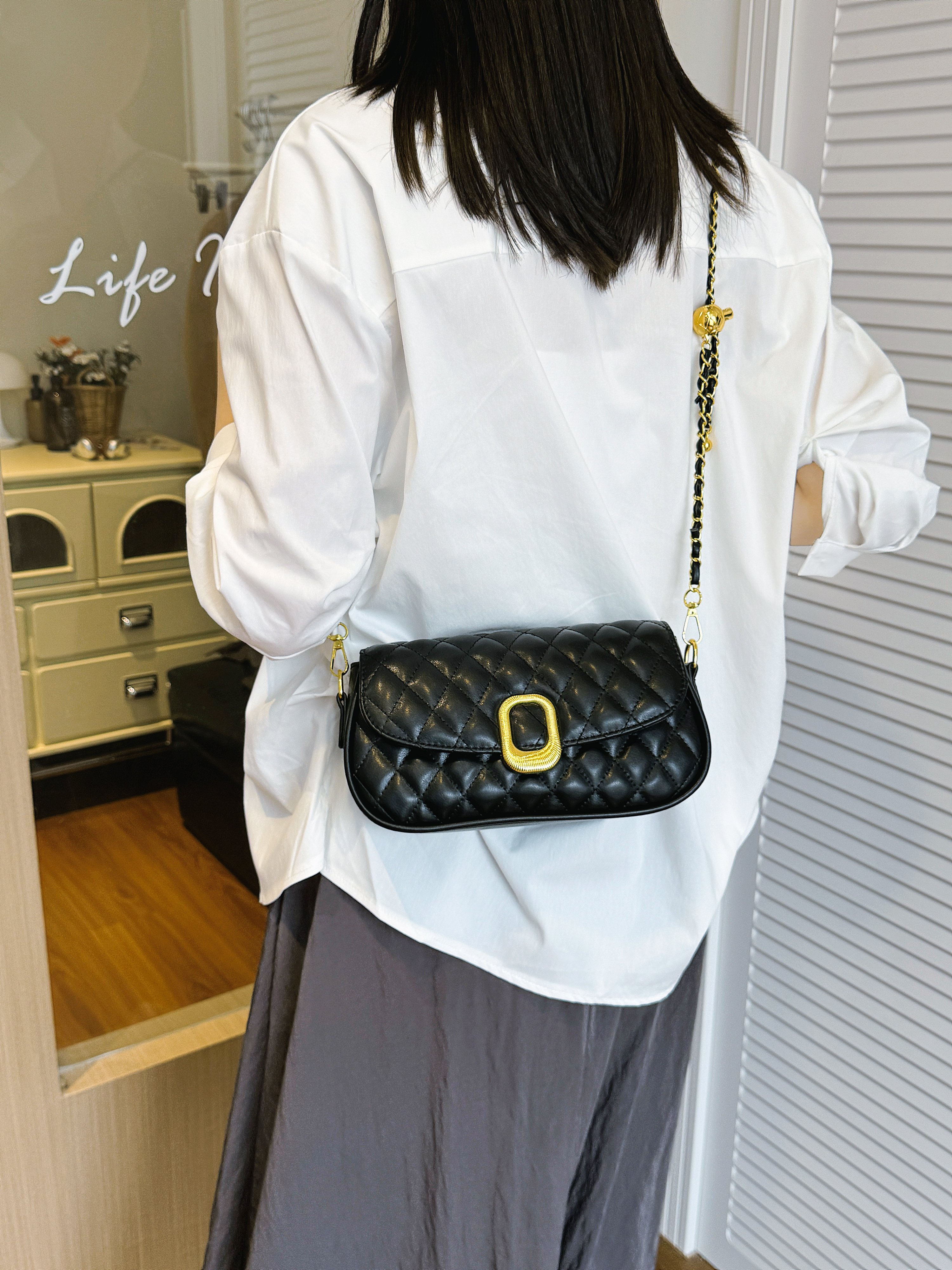 Quilted Flap Crossbody Bag with Chain-Link Strap