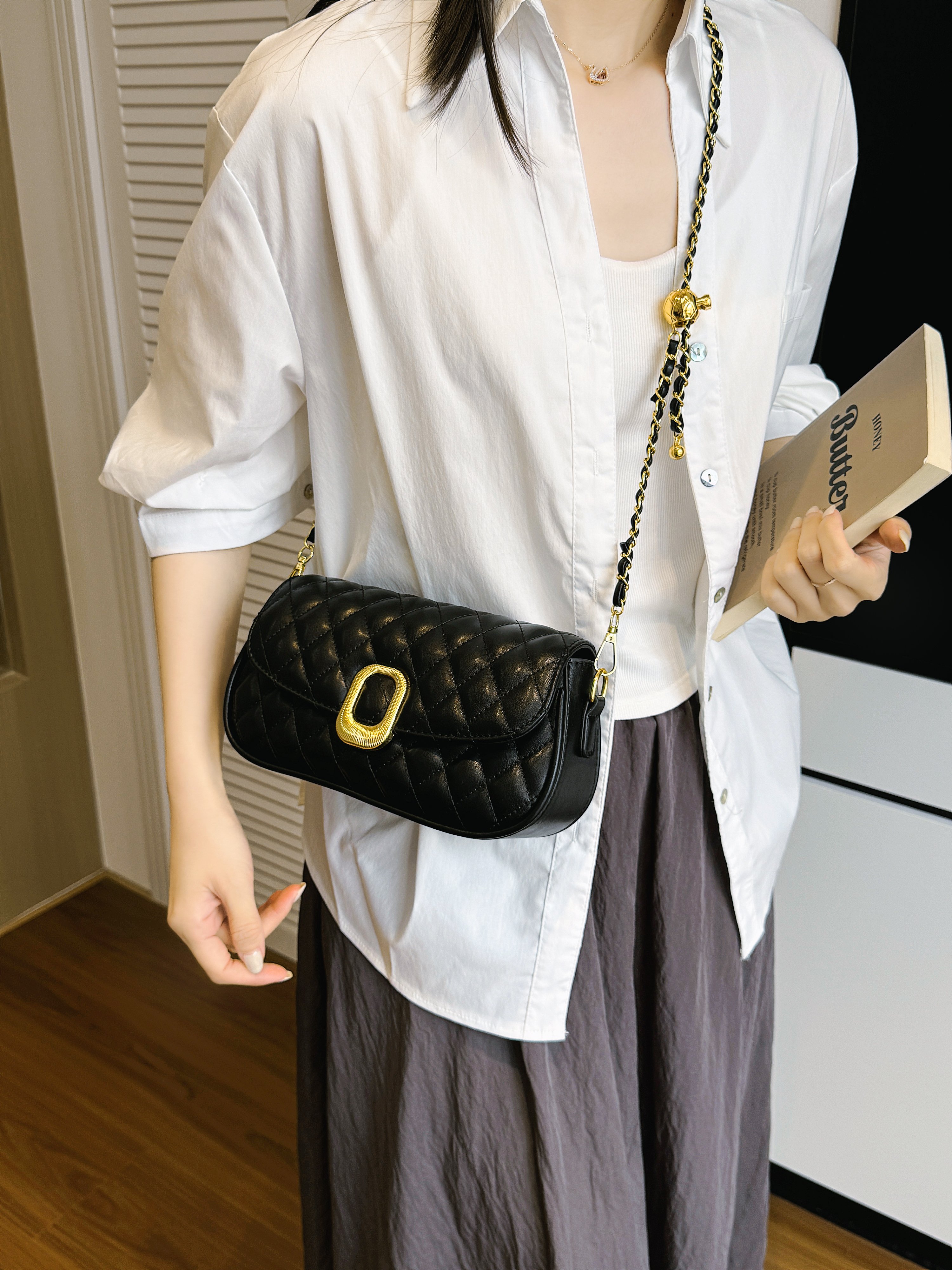 Quilted Flap Crossbody Bag with Chain-Link Strap