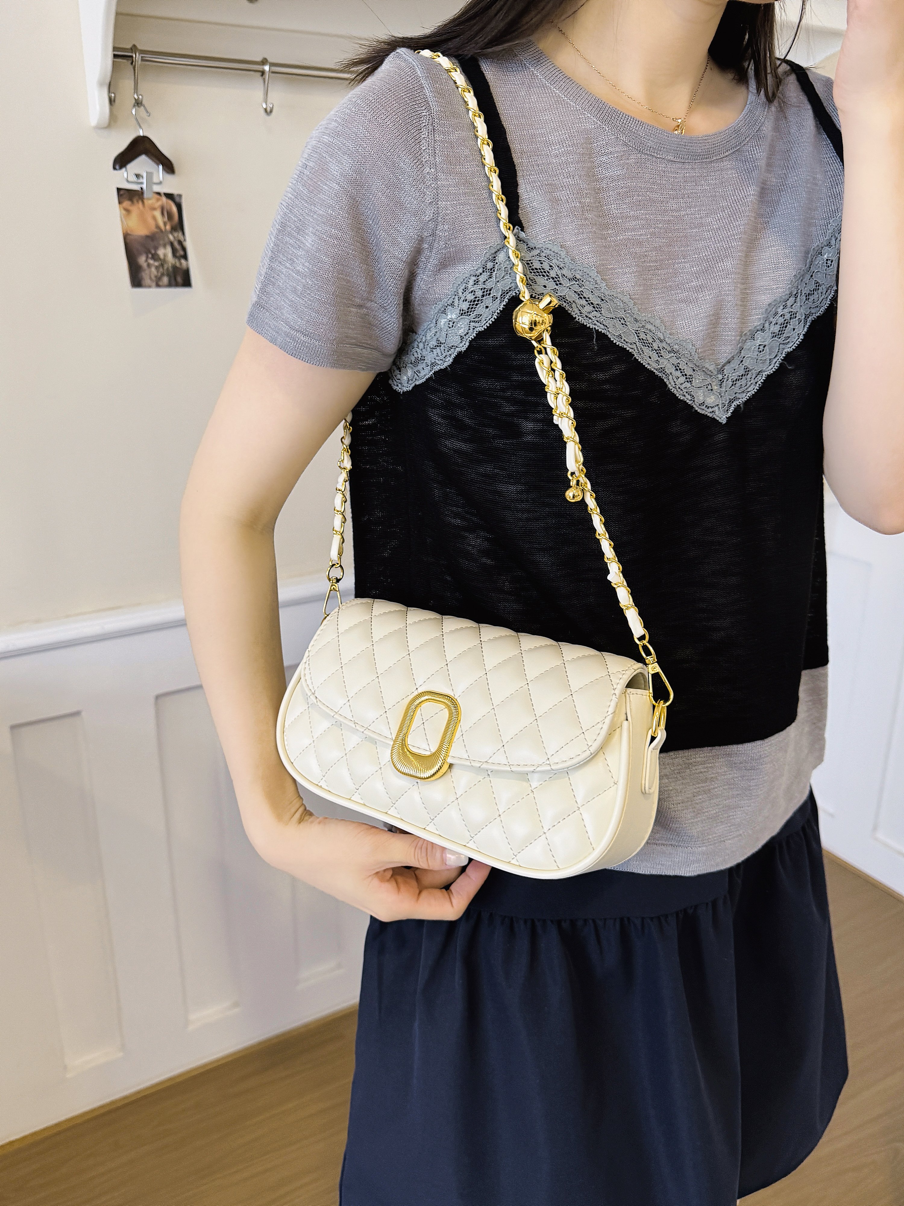 Quilted Flap Crossbody Bag with Chain-Link Strap