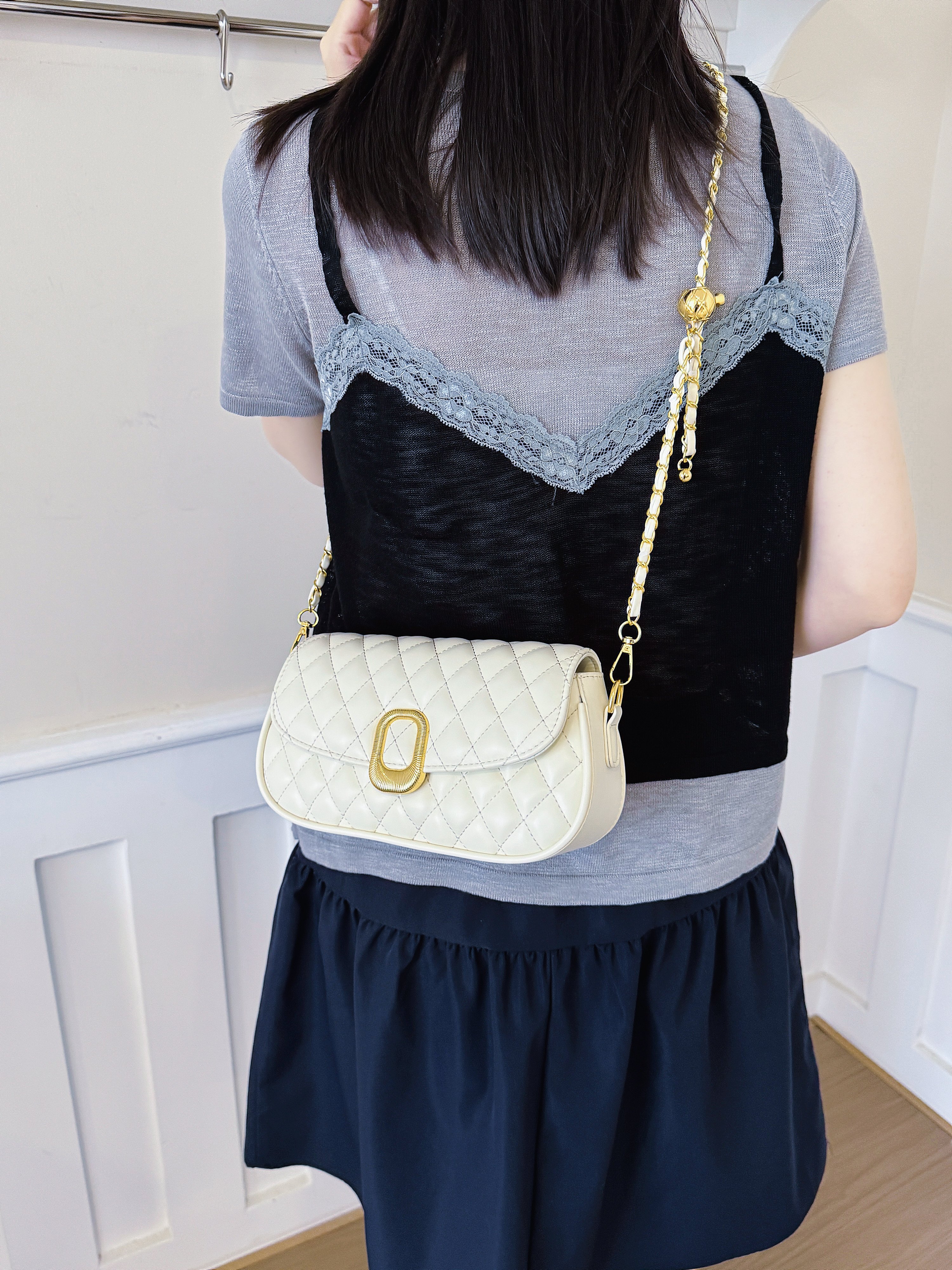Quilted Flap Crossbody Bag with Chain-Link Strap