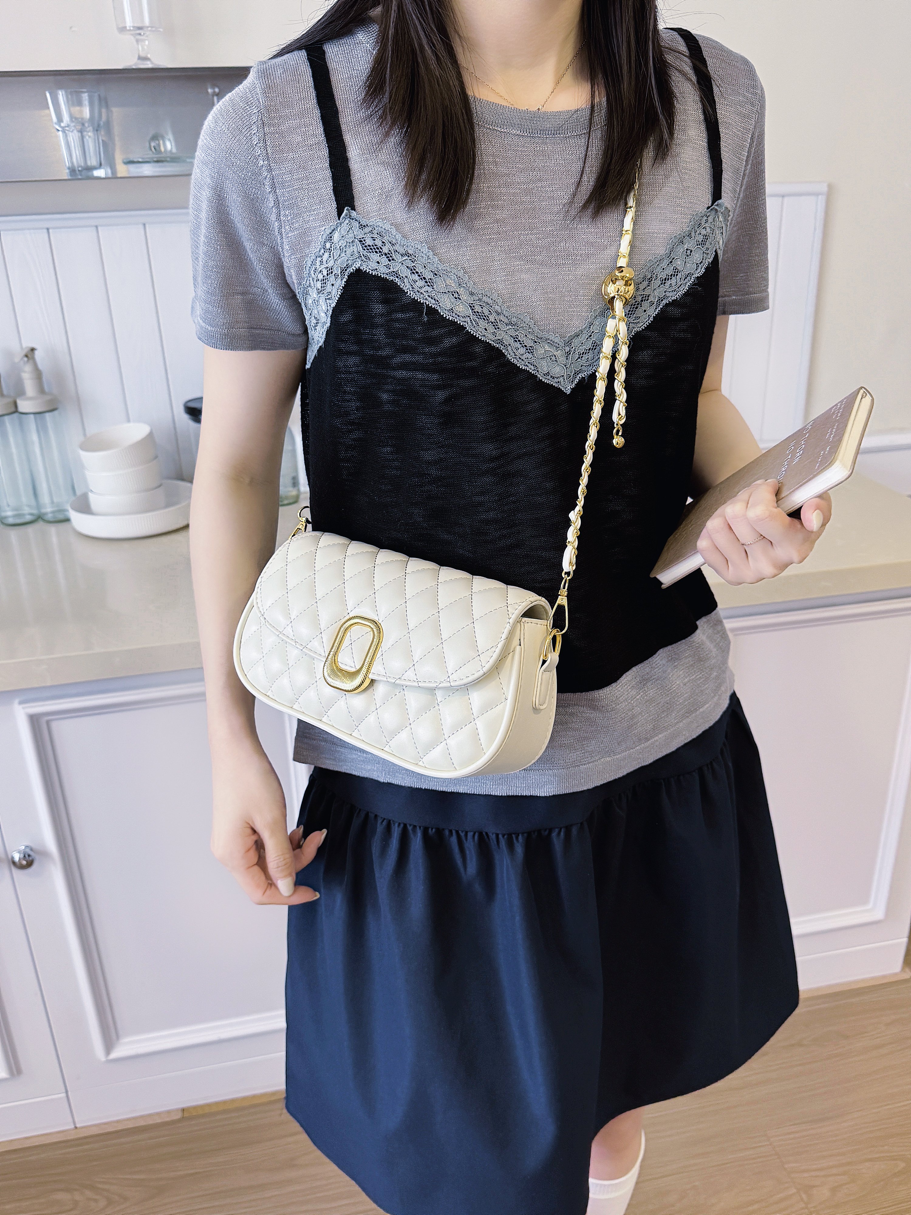 Quilted Flap Crossbody Bag with Chain-Link Strap