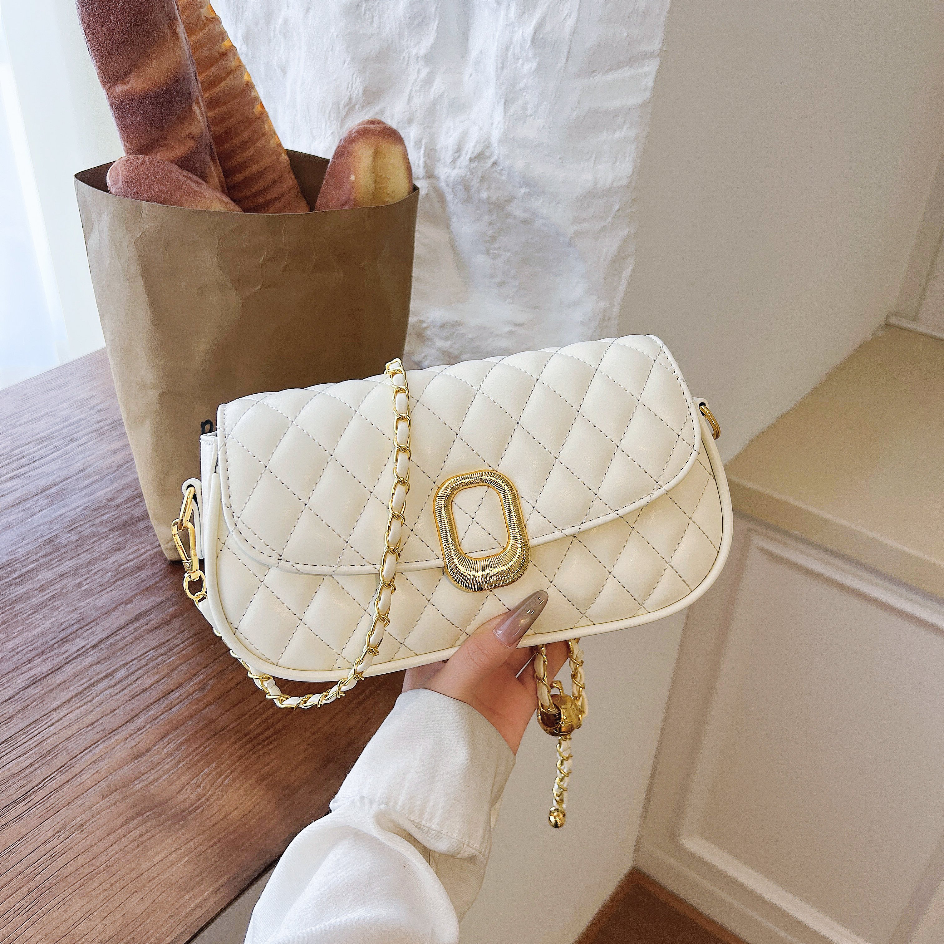 Quilted Flap Crossbody Bag with Chain-Link Strap