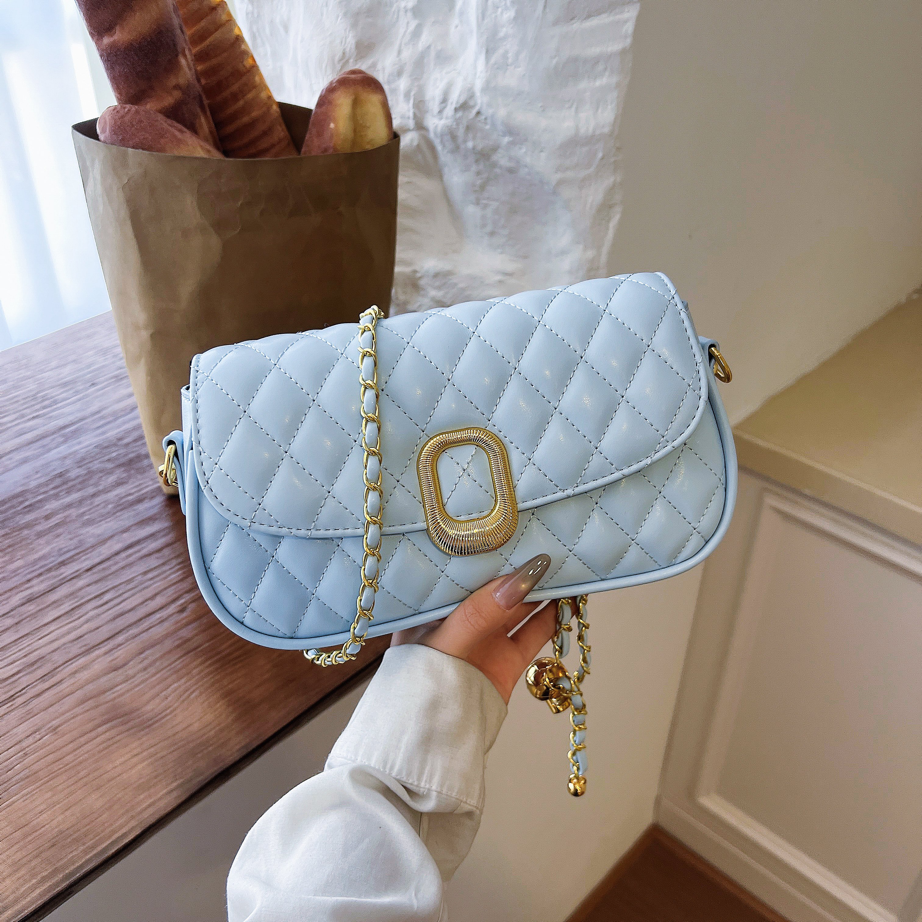 Quilted Flap Crossbody Bag with Chain-Link Strap