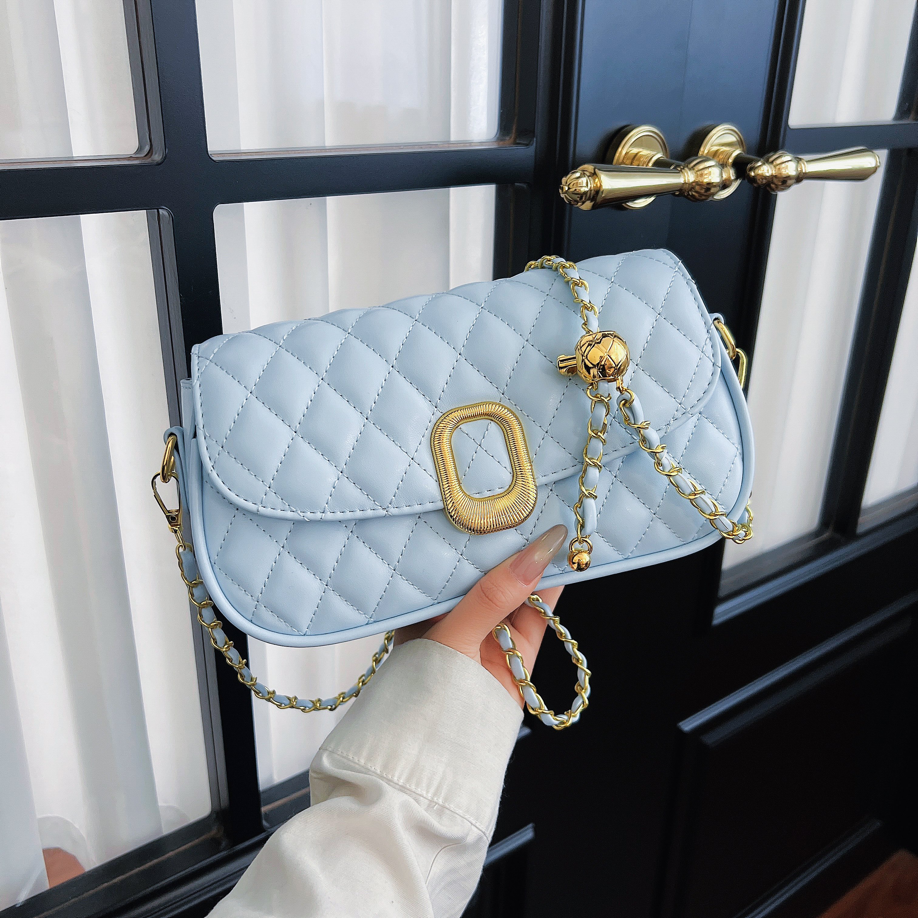 Quilted Flap Crossbody Bag with Chain-Link Strap