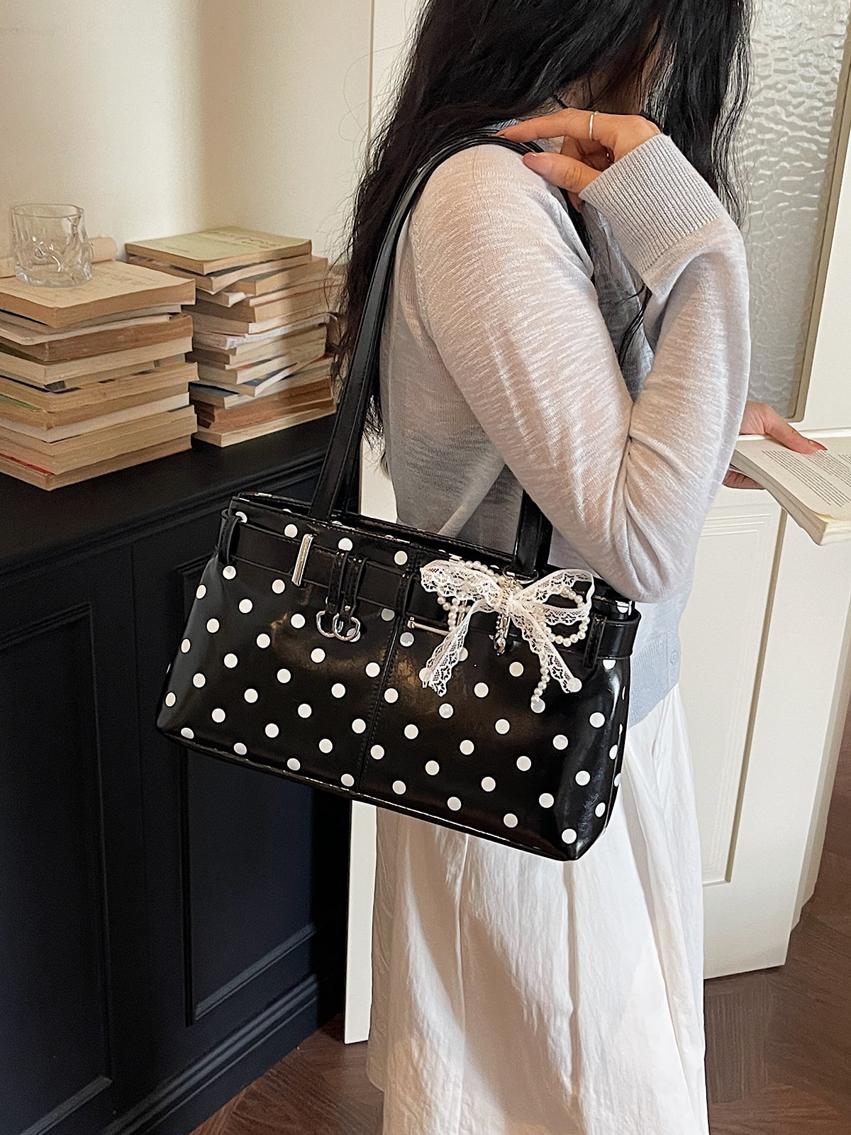 Polka Dot Belt Buckle Detail Shoulder Bag