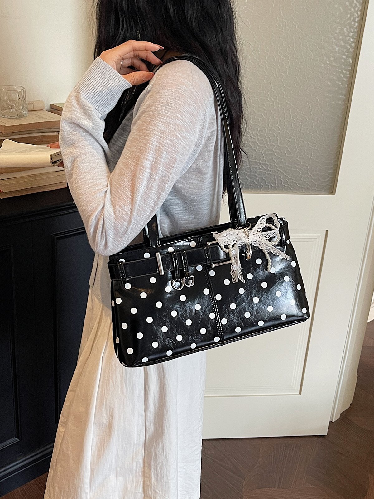 Polka Dot Belt Buckle Detail Shoulder Bag