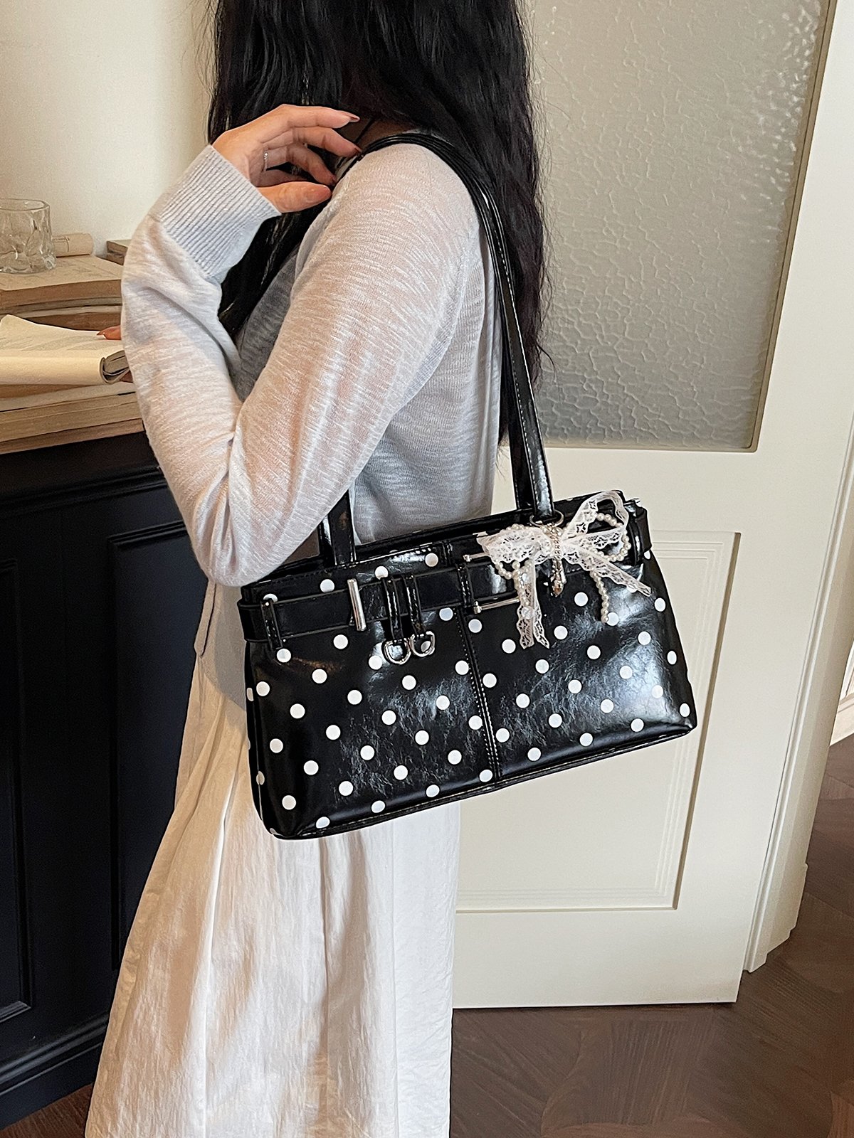 Polka Dot Belt Buckle Detail Shoulder Bag