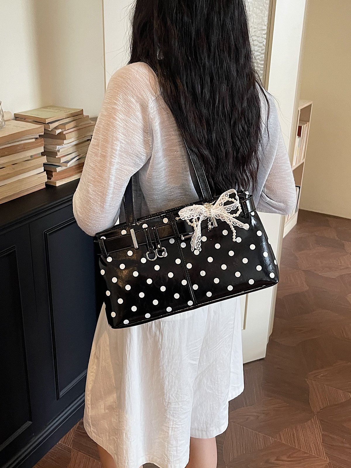Polka Dot Belt Buckle Detail Shoulder Bag